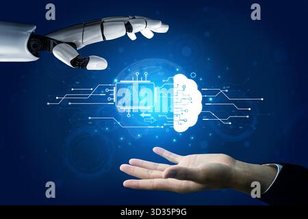 An advanced AI assistant visualizes its machine learning process. This generative technology shows its core processor connecting to a cloud brain and Stock Photo