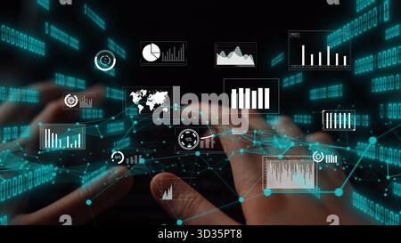 Engaging image showcasing data analysis with hands typing on a keyboard, surrounded by dynamic graphs and digital elements representing modern Stock Photo