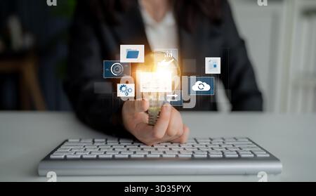 Digital business infrastructure with data system, analytics, sync. System management improves access, system management ensures performance, and Stock Photo