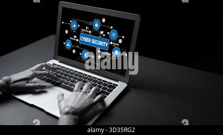 A robotic hand interacts with a laptop displaying cyber security themes, illustrating the importance of technology in protecting digital information Stock Photo