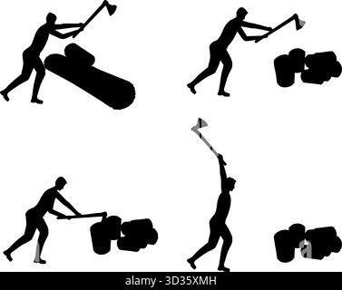 Black silhouette of man working with hatchet ax, wood rural activity Stock Vector