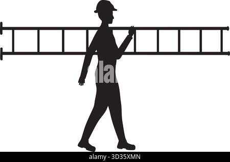 Silhouette of worker man walking with ladder Stock Vector