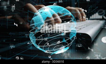 Close-up of hands typing on a keyboard with a translucent globe and digital graphs overlay, symbolizing the fusion of technology and global data Stock Photo