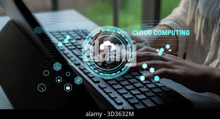 Global cloud computing platform providing services for software development. A worldwide network for data storage, security, and application hosting Stock Photo