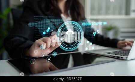 Global cloud computing platform providing services for software development. A worldwide network for data storage, security, and application hosting Stock Photo