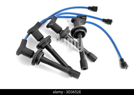 high voltage wires for car spark plugs on a white background, a set of high voltage wires for the car electrical system, close-up selective focus Stock Photo