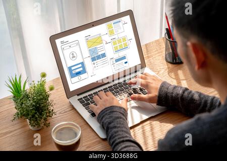 UX UI design process for modish mobile application and website . Creative prototype of wireframe for professional app developer . Stock Photo