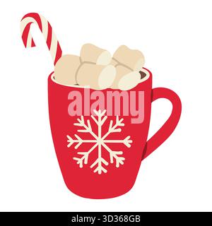 Christmas cocoa drink with marshmallows. Hot chocolate drink mug on white background. Winter season sweet drink doodle illustration Stock Vector