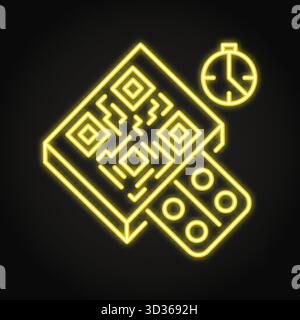 Smart drug package neon icon. QR code on the box with information about intake. Vector illustration Stock Vector