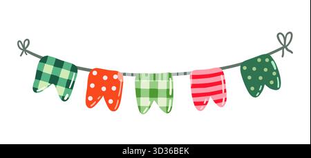 Cute vector Christmas doodle bunting in red and green with dots, stripes and gingham patterns Stock Vector
