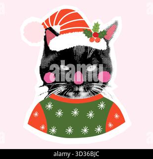 Funny vector Christmas black cat collage, fun holiday animal design for greeting cards Stock Vector