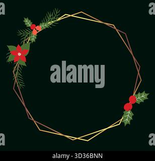 Christmas geometric floral vector wreath, gold holiday frame with flowers Stock Vector
