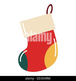 Flat style red Christmas stocking. Festive icon. Hand drawn vector isolated illustration. Stock Vector