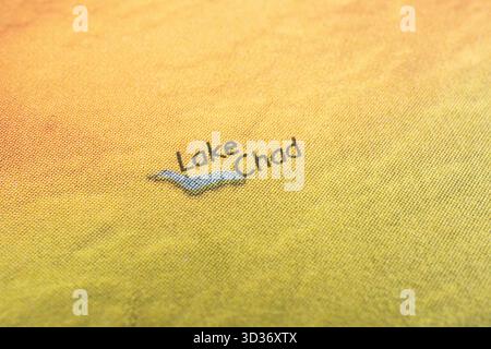 Aerial view of Lake Chad with annotations Shows lake, sand dunes, and varying terrains in the basin, likely depicting arid or semi-arid conditions Ann Stock Photo