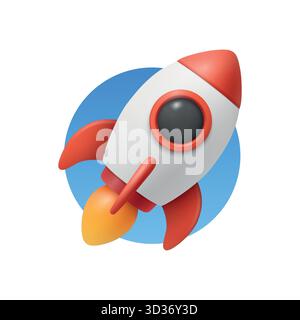 Vector 3d Red and White Rocket Launch Icon. Rocket Startup Badge in Blue Circle. Rocket Ship with Flame for Startup, Product Launch, Space, Mission Stock Vector