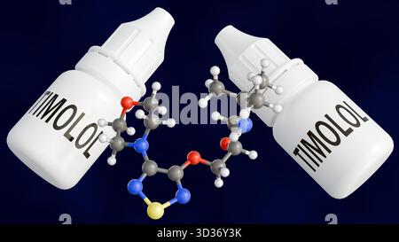 A 3d illustration of bottle labeled "TIMOLOL" alongside a molecular ...