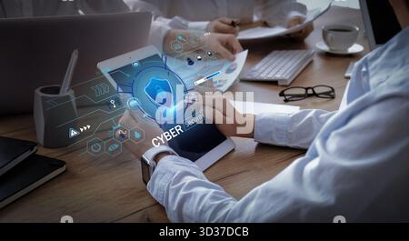 Woman with laptop using software for data protection in office Stock Photo