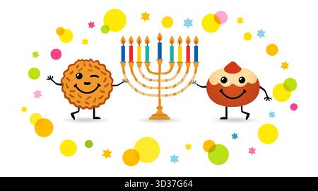 Funny latke and sufganiyot emoji, creative icons with colored menorah on colorful stars. Happy Hanukkah greeting card concept with holiday icons Stock Vector