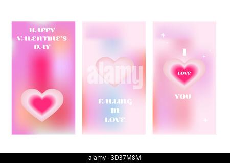Set of romantic Valentine Day covers template. Trendy modern aesthetic design in y2k style. Blurred heart shapes on holographic backgrounds. Happy Val Stock Vector