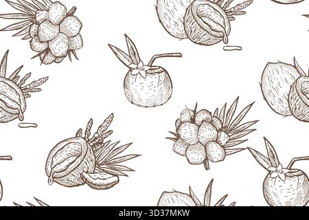 Engraving seamless pattern with nuts and drinks. Coconut beach summer outline print. Seamless pattern with tropical fruit and coco branch, cocktail dr Stock Vector