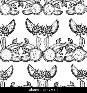 Outline pitaya seamless pattern. Dragon fruit background. Tropical fruit summer pattern for wrapping, textile, fabric, coloring pages. Fresh food back Stock Vector