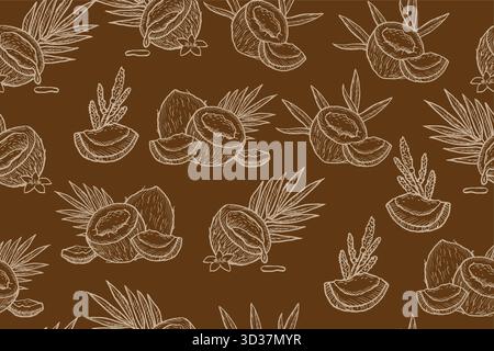 Coco palm fruit outline seamless pattern on dark. Tropical print in vintage style. Coconut vector illustrations. Seamless background with nuts. Stock Vector