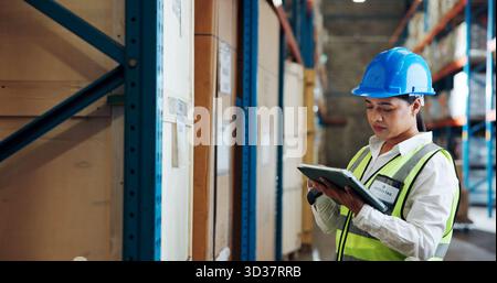 Distribution, tablet and woman in warehouse, internet and logistics with digital app for inspection. Person, tech or employee in factory, shipping and Stock Photo