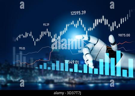 A robotic hand interacts with financial graphs and data, illustrating the integration of artificial intelligence in stock market analysis and trading Stock Photo