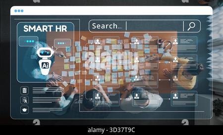 Futuristic workspace showcasing AI technology in human resources management, featuring team collaboration and dynamic workflow analysis for innovative Stock Photo
