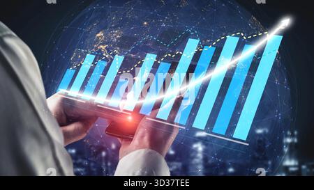 A professional businessman analyzes growth trends on a tablet displaying vibrant 3D graphs while surrounded by a networked urban backdrop, symbolizing Stock Photo
