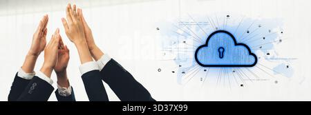 A concept image showcasing teamwork and cloud security with multiple hands raised in collaboration and a cloud symbolizing safety in the digital realm Stock Photo
