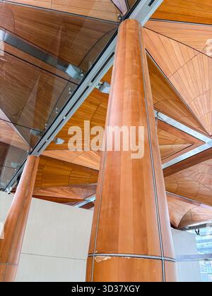 Modern architecture in Auckland, New Zealand, featuring prominent tapered wooden columns supporting an intricate ceiling of wooden panels and glass se Stock Photo