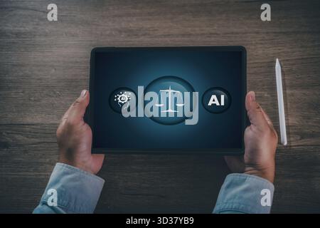 ethic ai policies to reduce AI Ethics and Justice Scale on Digital Tablet legal regulation involves the enforcement of laws Stock Photo