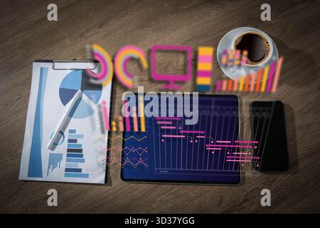 Modern data analysis dashboard on tablet data chart, analytics icons, report database for technology finance KPI data tracking and project planning. Stock Photo