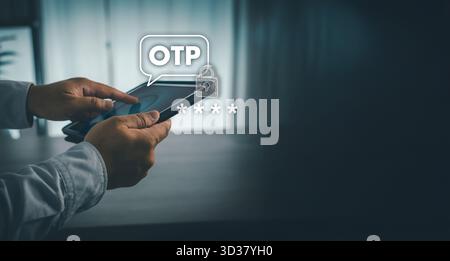 Mobile device verifying identity with OTP code. Concept of cybersecurity and two-factor authentication with generous copy space for ads and websites. Stock Photo