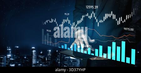A businessman uses a tablet displaying financial graphs against a futuristic city backdrop, illustrating investment strategies and market trends in Stock Photo