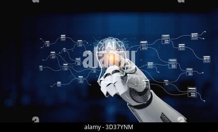 A futuristic robot hand engages with an artificial intelligence interface, surrounded by digital connections, illustrating the intersection of Stock Photo
