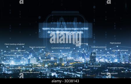 Agentic AI above the city uses an autonomous network to decide and complete tasks and make intelligent decisions for everyone. Automation artificial i Stock Photo
