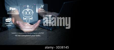 Agentic AI automation concept. A chatbot in a man hand make decisions and complete tasks by itself having flight booked, and groceries ordered. Artifi Stock Photo