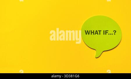 What If Question Mark Text on Green Speech Bubble on Bright Yellow Background Concept Stock Photo