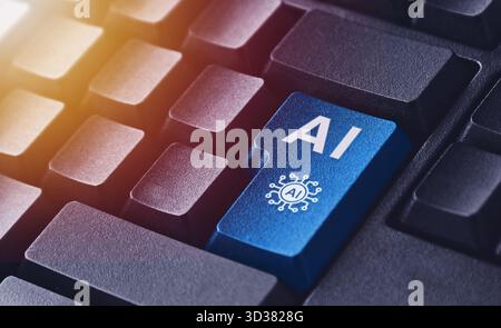 Computer with AI (Artificial Intelligence) button on keyboard. Stock Photo