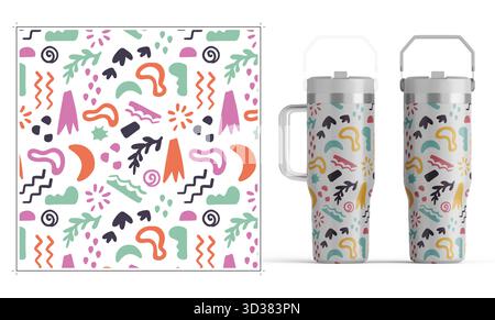 Tumblers wrap design with funky pattern doodles with multiple cute icons on white background. Tumblers wrap design Stock Photo