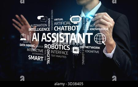 A professional man engages with a futuristic digital interface showcasing various concepts of AI assistant, highlighting automation, analytics, and Stock Photo