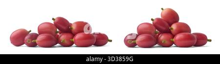 pile of ripe red coffee cherries, vibrant glossy fruit with green stems isolated white background, concepts of fresh harvest and agriculture, close-up Stock Photo