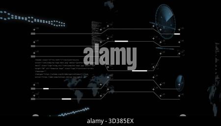 Displaying world map silhouette floating in dark interface, with circular radar dial and code block Stock Photo