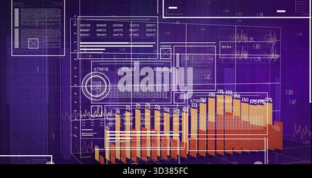 Displaying 3D bar chart visualization in digital dashboard, with waveform graph and numeric tables Stock Photo
