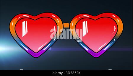 Gliding heart-shaped sunglasses over studio backdrop, with orange-purple frame and red lenses Stock Photo