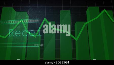 Displaying green bars rising on dark grid dashboard, with faint cyan labels, jagged line overlay Stock Photo