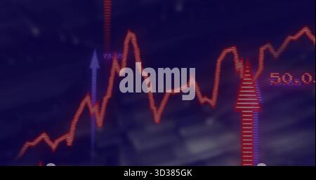 Displaying red fluctuating graph on digital screen, with purple arrow 73 Stock Photo