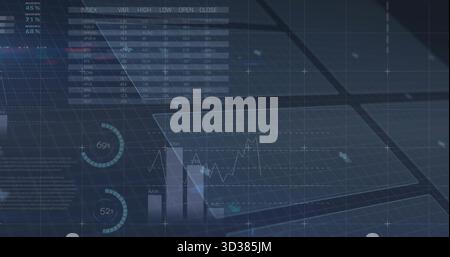 Displaying translucent dashboard floating above grid plane, showing line graph and bar chart Stock Photo